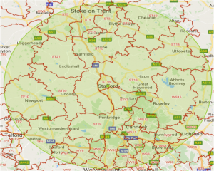 10 mile and 15 mile radius of Stafford map